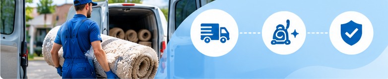 Специалист переносит свёрнутый ковёр к автомобилю для вывоза